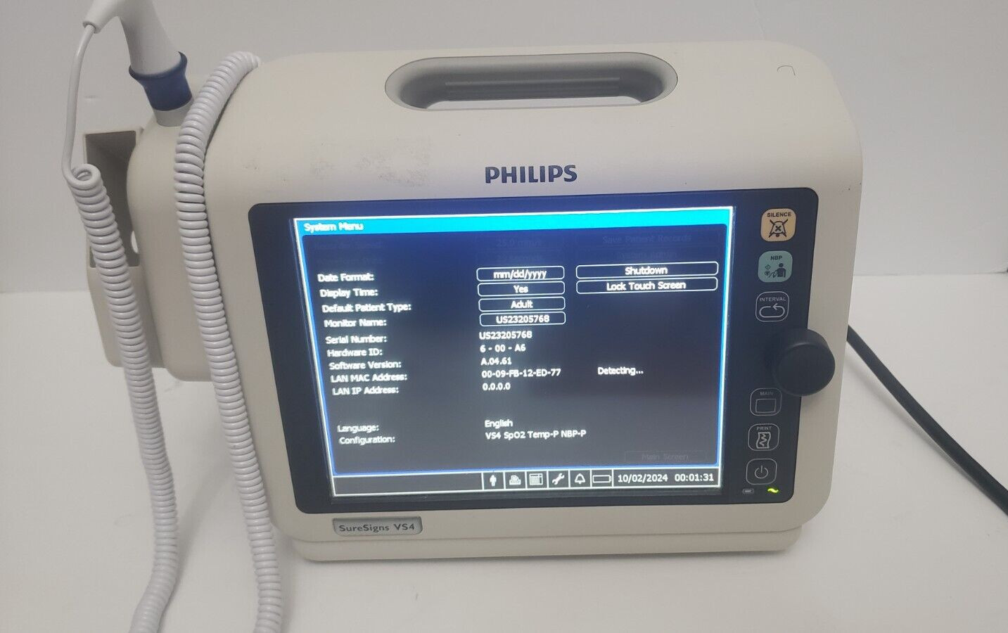 Philips SureSigns VS4 Vital Signs 863283 with Power Cord and Thermometer - Photo 1
