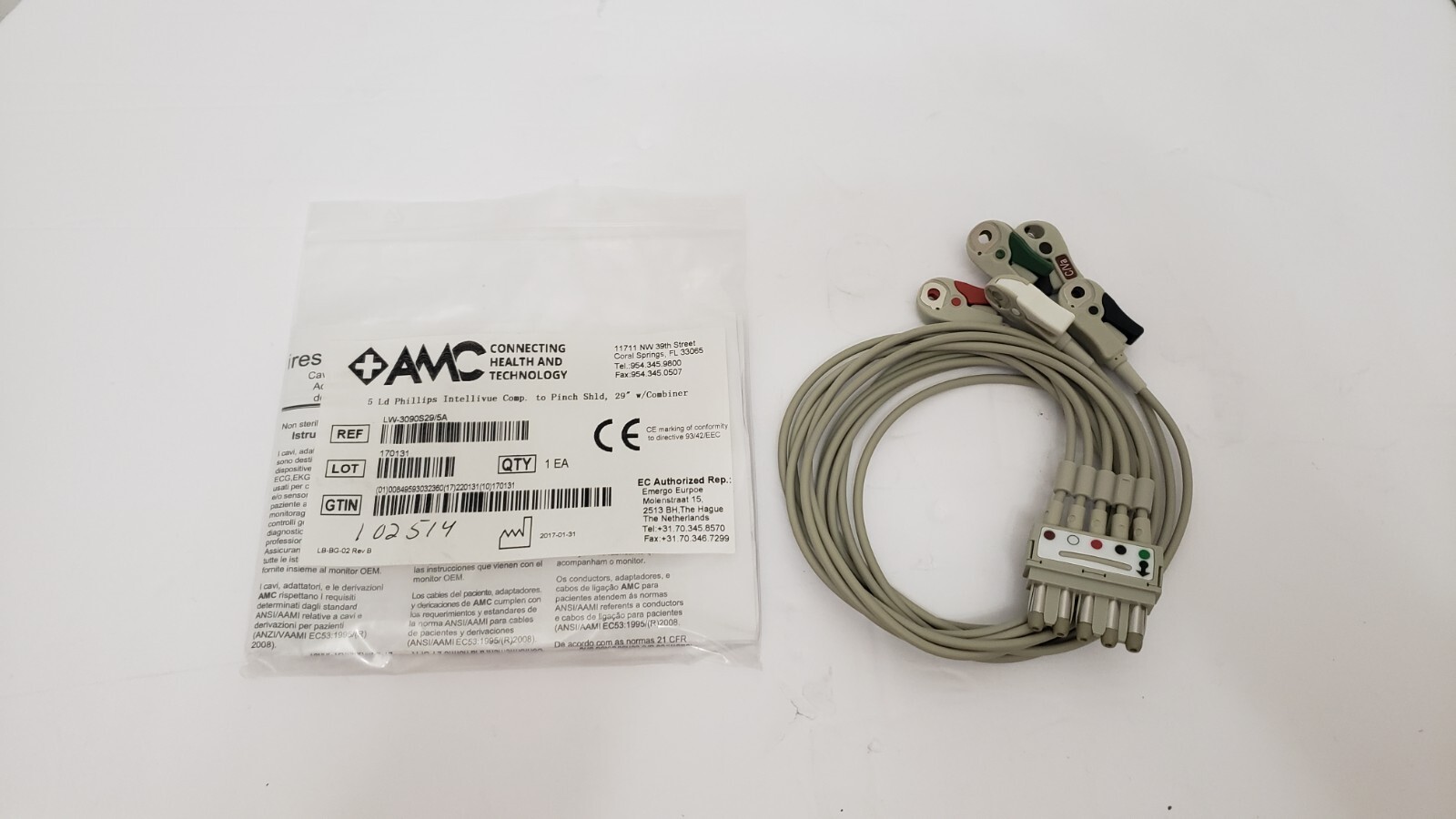 AMC LWM-3090S51/5A Compatible 5 Lead ECG Pinch Shielded Lead Cable - Photo 1