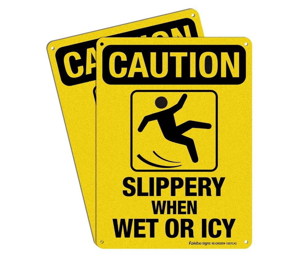 Slippery When Wet or Icy Sign 2 Pack 10 x 7 In Reflective Aluminum Caution Sign - Photo 1