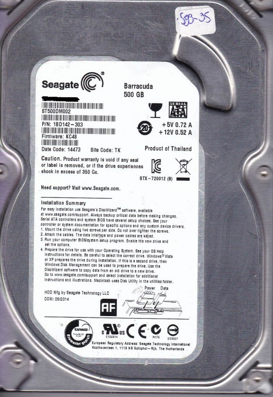 Seagate ST500DM002 PN 18D142-303 FW KC48 500GB SATA 3.5 Hard Drive - Photo 1