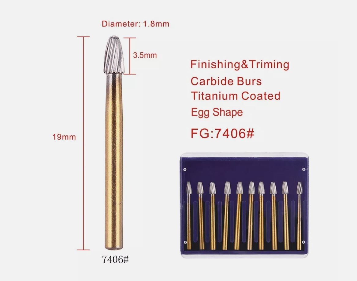 Dental Tungsten Carbide Burs FG7406 Egg-Shape Trimming & Finishing Kit 10Pcs - Photo 1